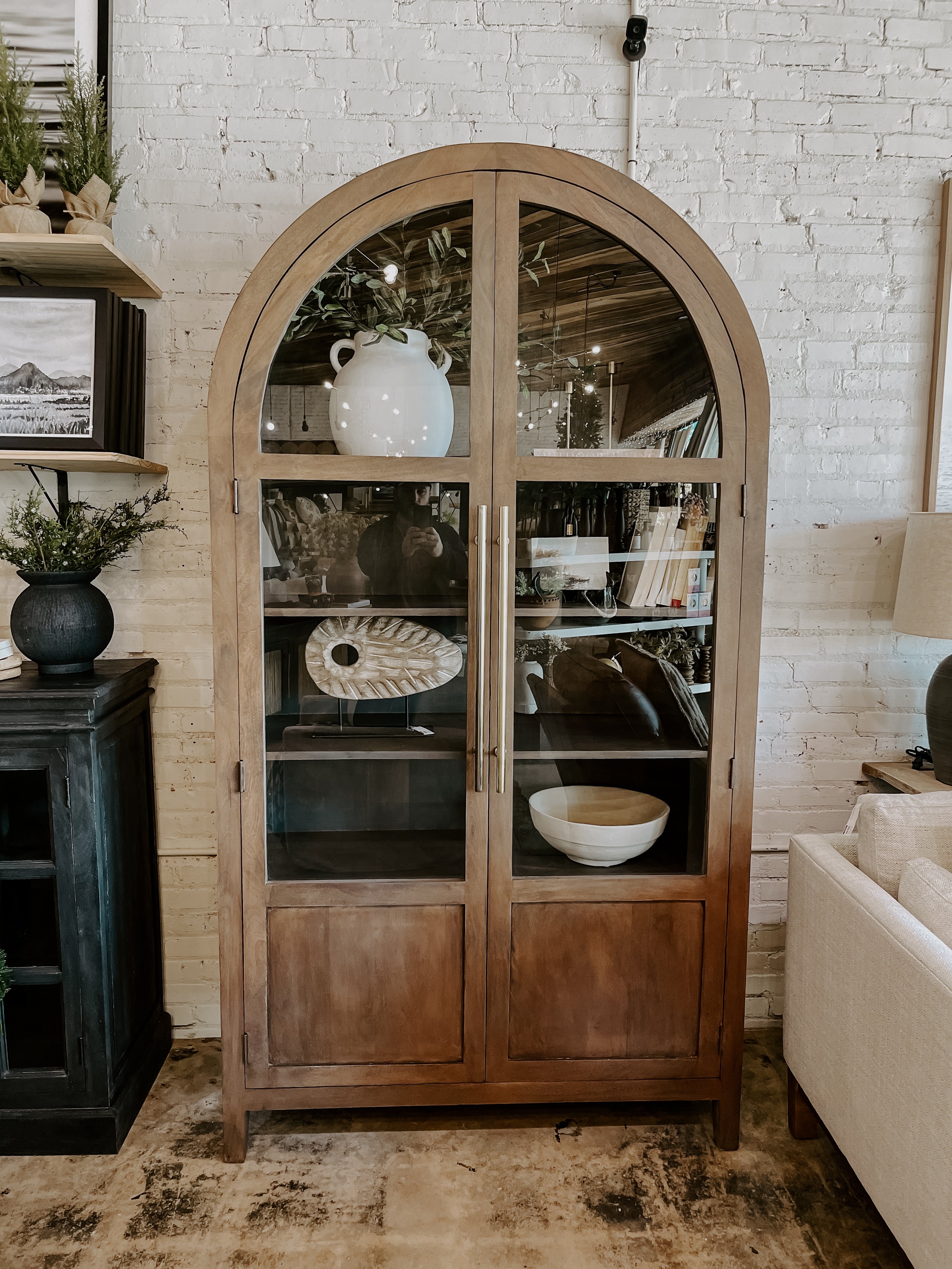 Display Cabinet: Arched Top Rustic Modern Wood Hutch