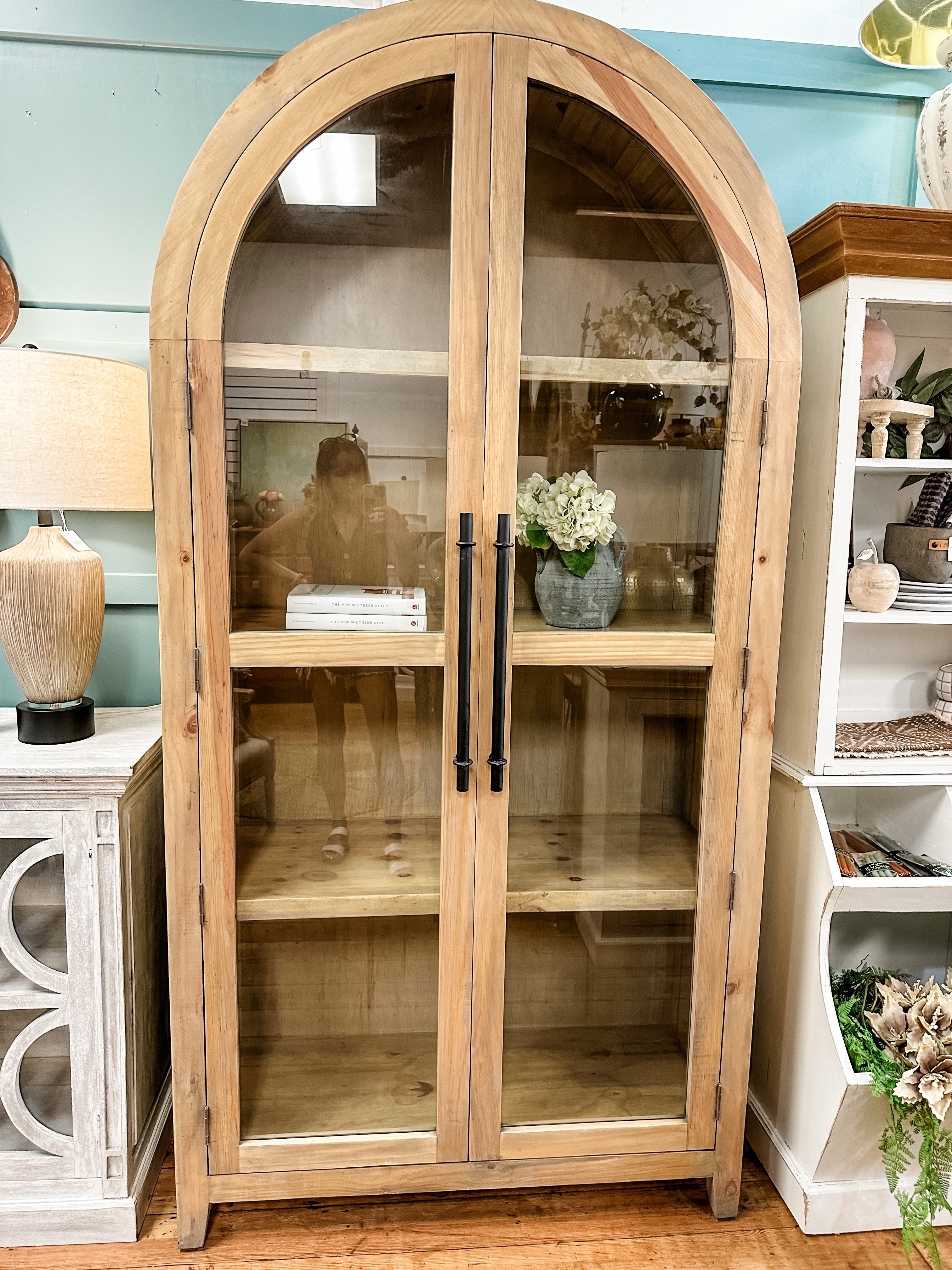 Display Cabinet: Bone Wood Arched Glass Case