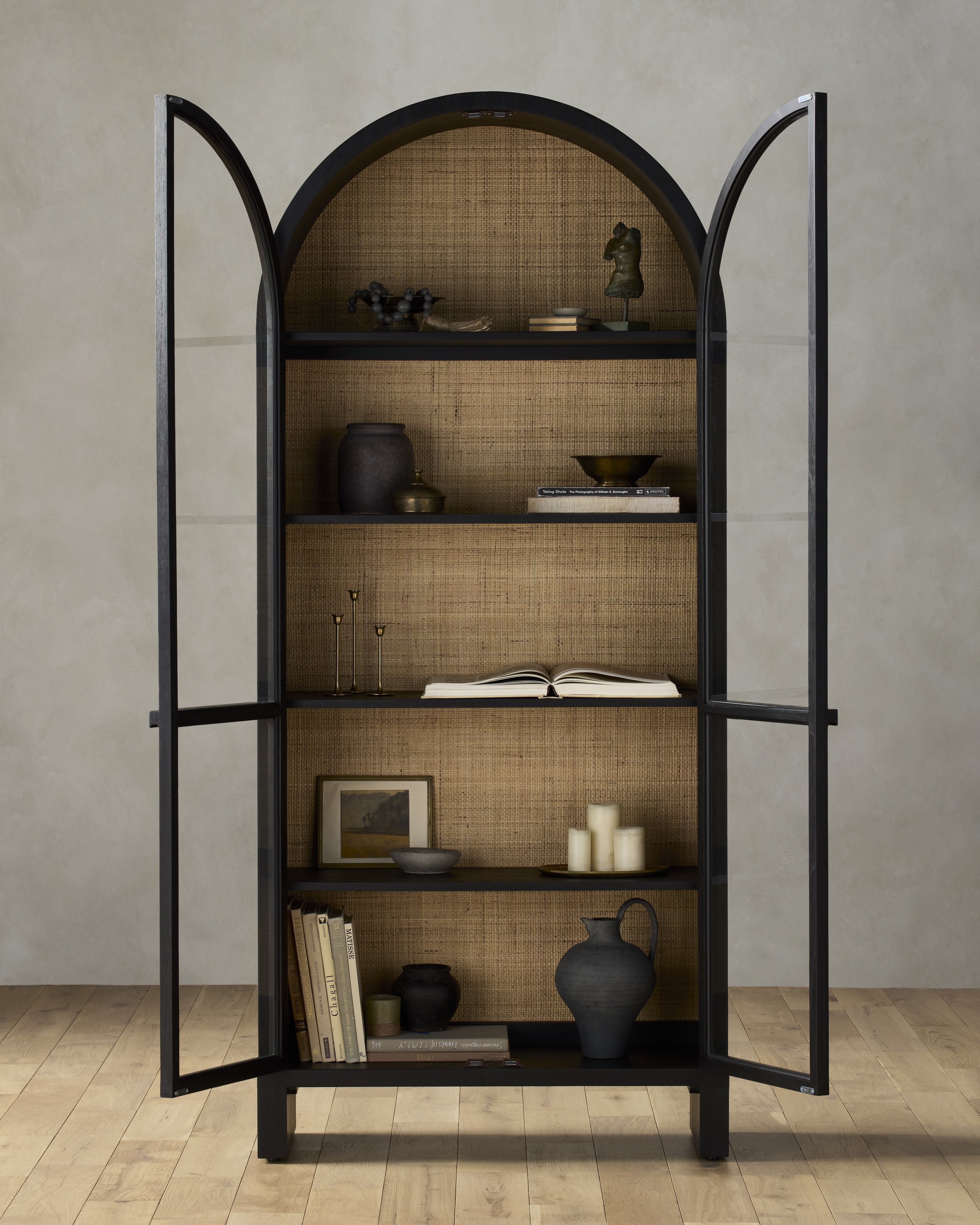 Display Cabinet with Rattan Cane Dark Finish Cabinet