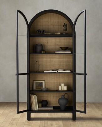 Display Cabinet with Rattan Cane Dark Finish Cabinet
