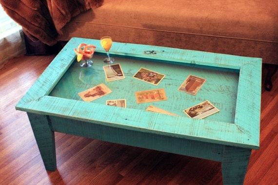 Display Coffee Table Distressed Turquoise Tapered Leg Design