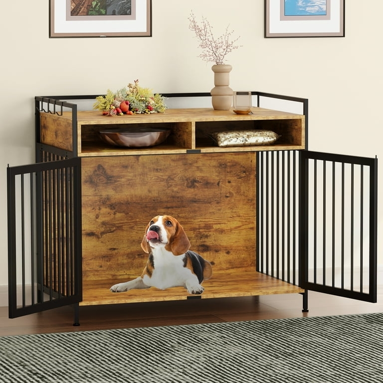 Dog Crate Furniture Side Hooks and Open Cubbies Brown