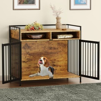 Dog Crate Furniture Side Hooks and Open Cubbies Brown