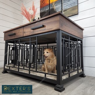 Dog Crate Furniture with Geometric Fretwork and Drawers