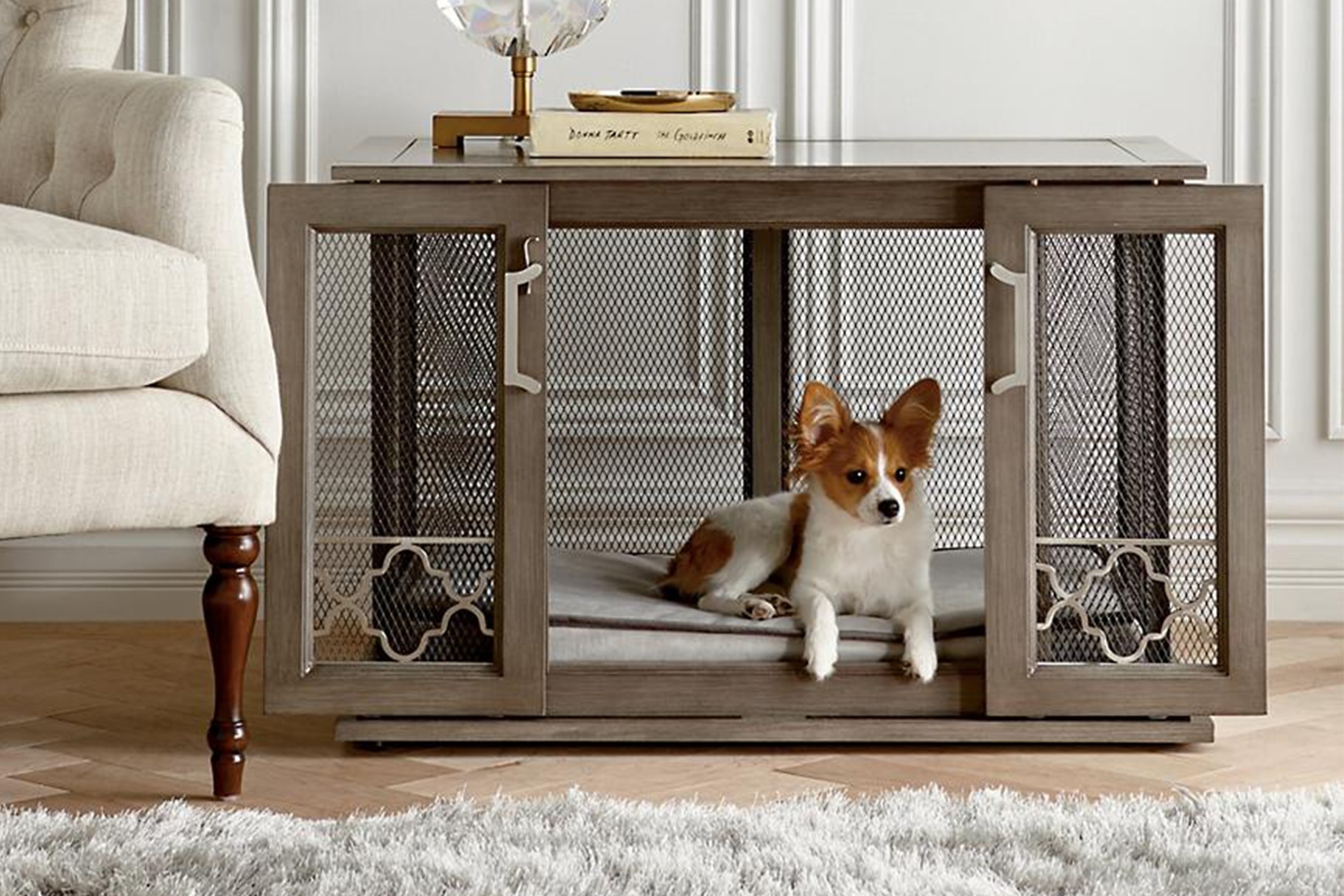 Dog Crate with Sliding Barn Doors and Quatrefoil Mesh