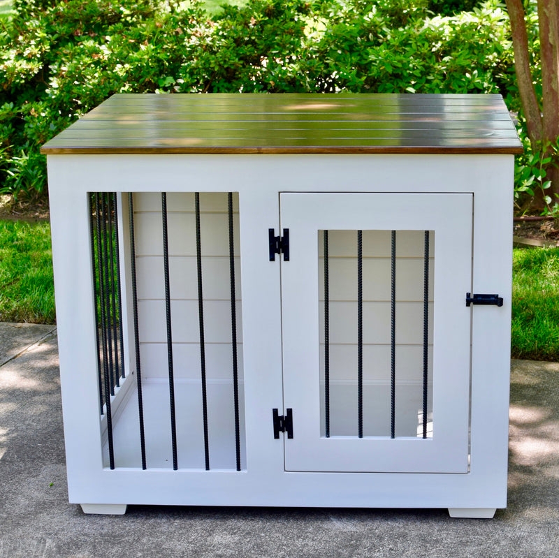 Dog Kennel End Table with Planked Wood Top White Finish