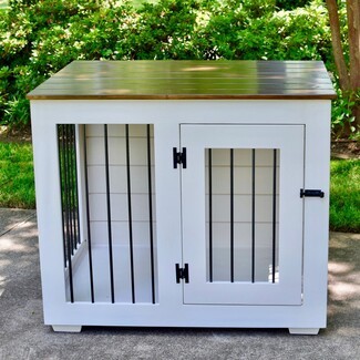 Dog Kennel End Table with Planked Wood Top White Finish