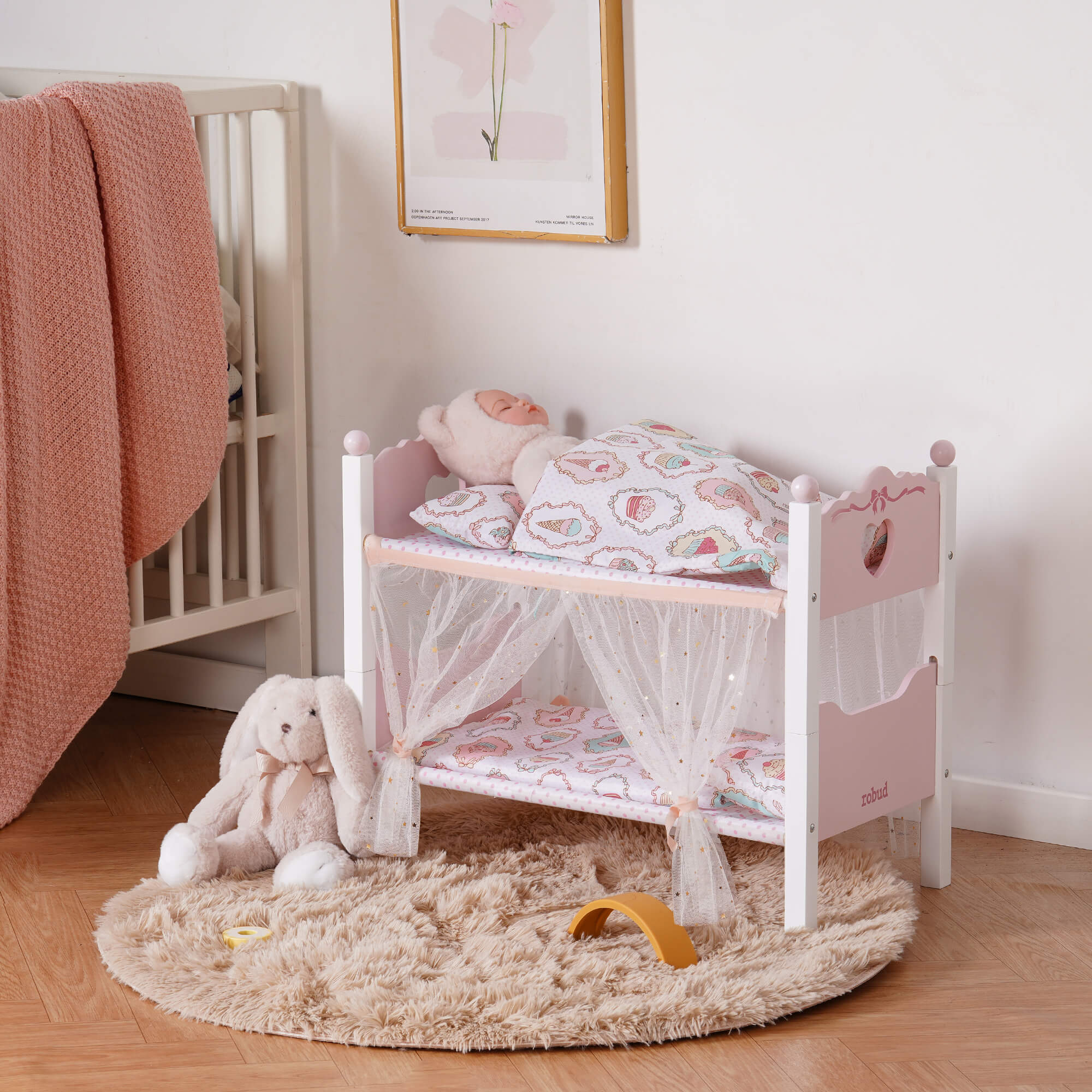 Doll Bunk Bed: Pink Sheer Canopy with Dessert Print Bedding
