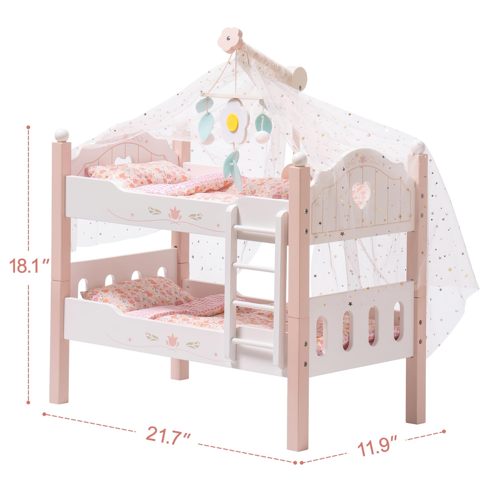 Doll Bunk Bed: Pink Stackable Frame and Star Pattern Canopy