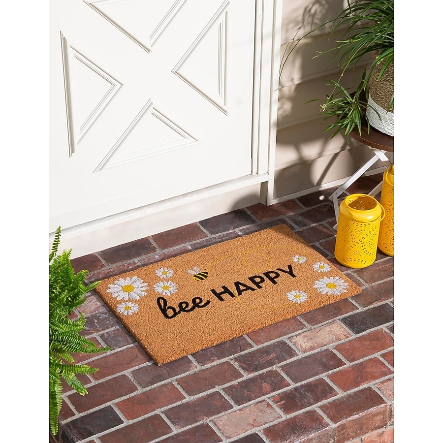 Doormat Yellow Bee Door Mat with Coir Texture Daisy Pattern