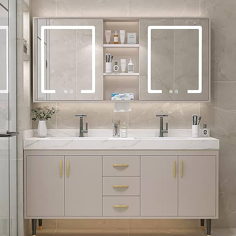 Double Bathroom Vanity: Greige with LED Lit Mirrors