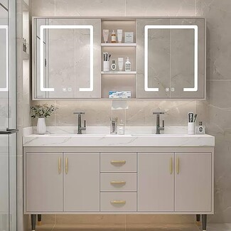 Double Bathroom Vanity: Greige with LED Lit Mirrors