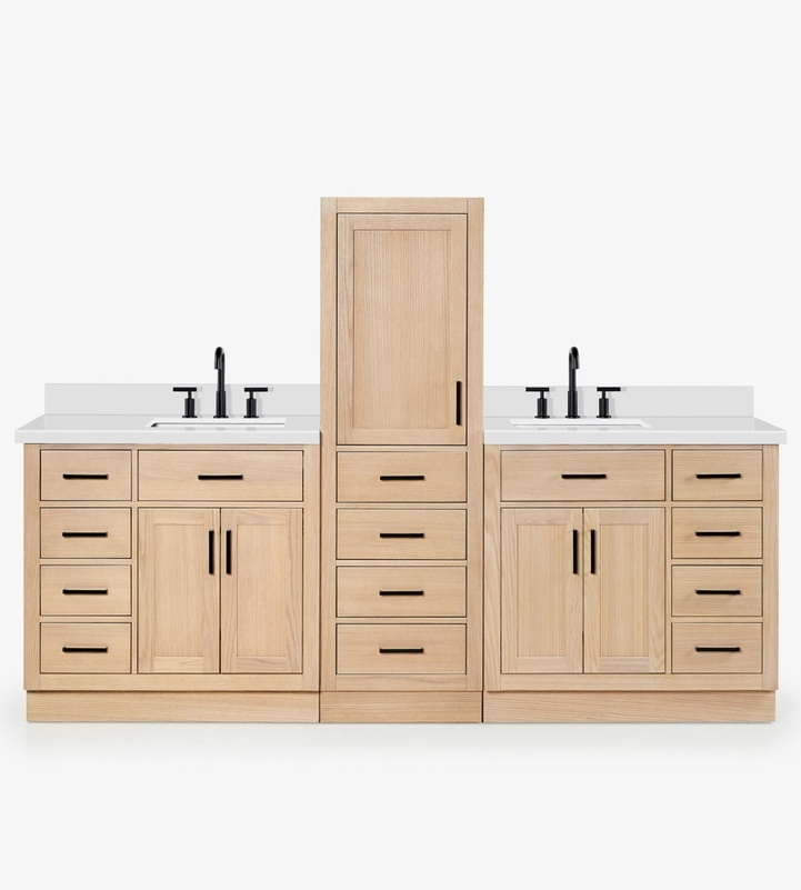 Double Bathroom Vanity with Center Linen Tower and Light Oak Finish