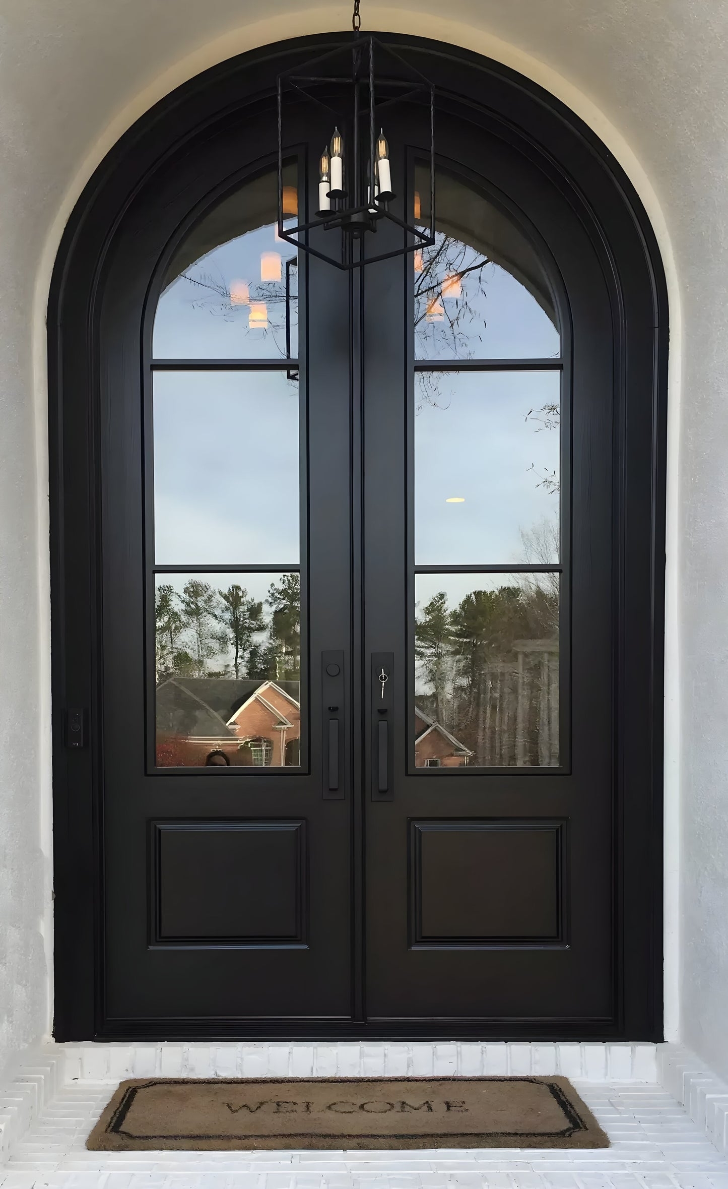 Double Doors: Matte Black Arched Top 3 Lite Entryway
