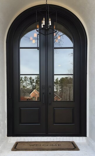 Double Doors: Matte Black Arched Top 3 Lite Entryway
