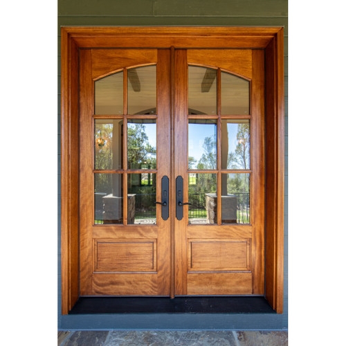 Double Entry Doors: Arched Glass Lites Honey Brown