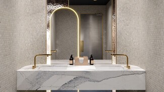 Double Sink Vanity with Arched Backlit Mirror and Grey Veins