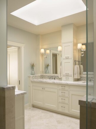 Double Vanity: Light Seafoam Walls and Tower Storage