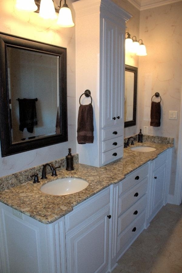 Double Vanity: Speckled Stone Top and Bronze Fixtures