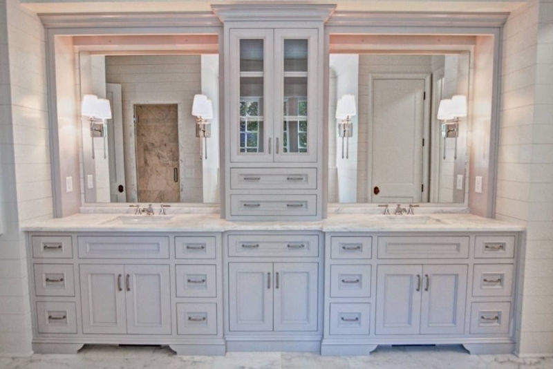 Double Vanity Tower: Grey Shiplap Wall Master Design