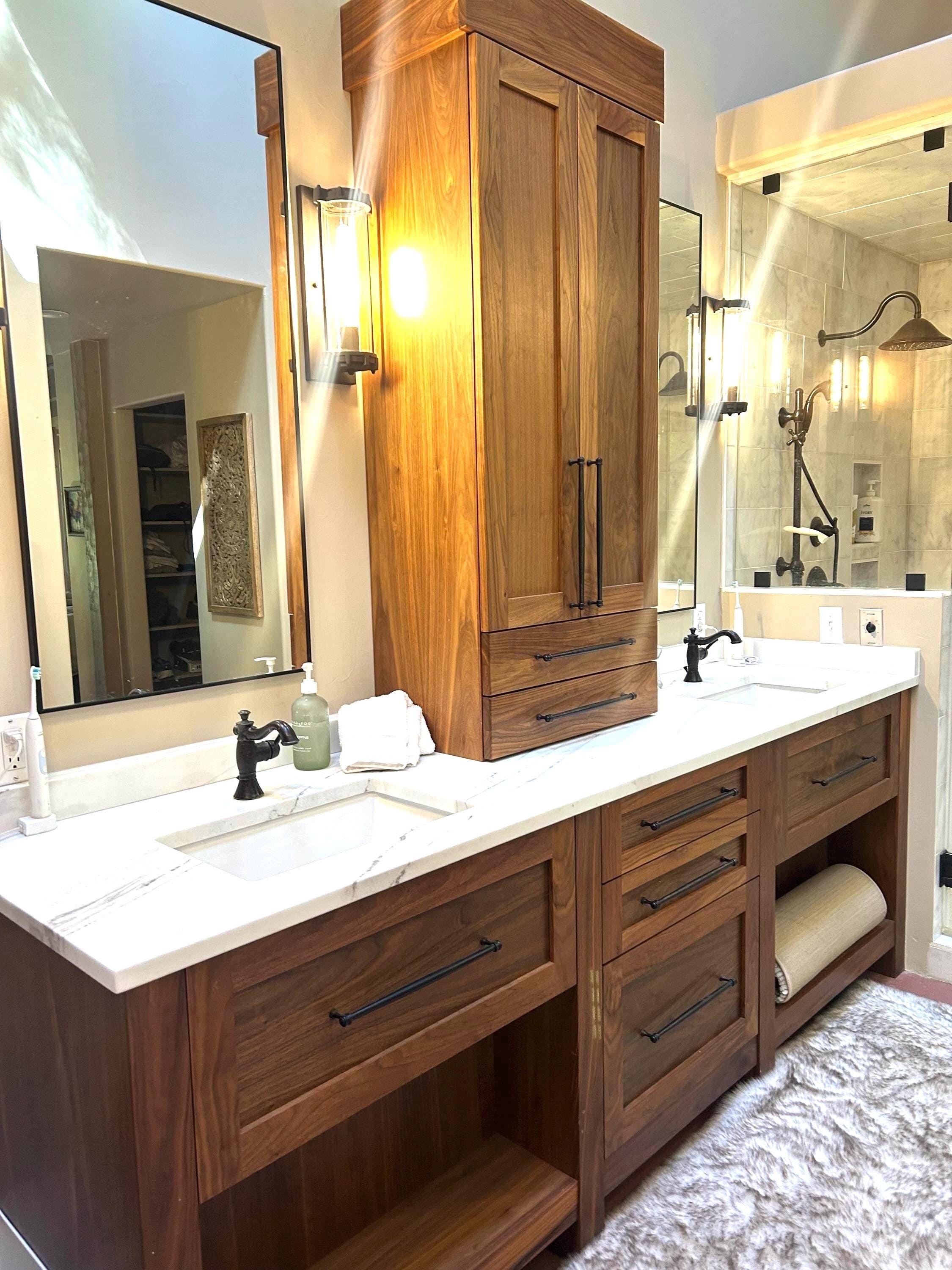 Double Vanity: Walnut Wood with Matte Black Accents