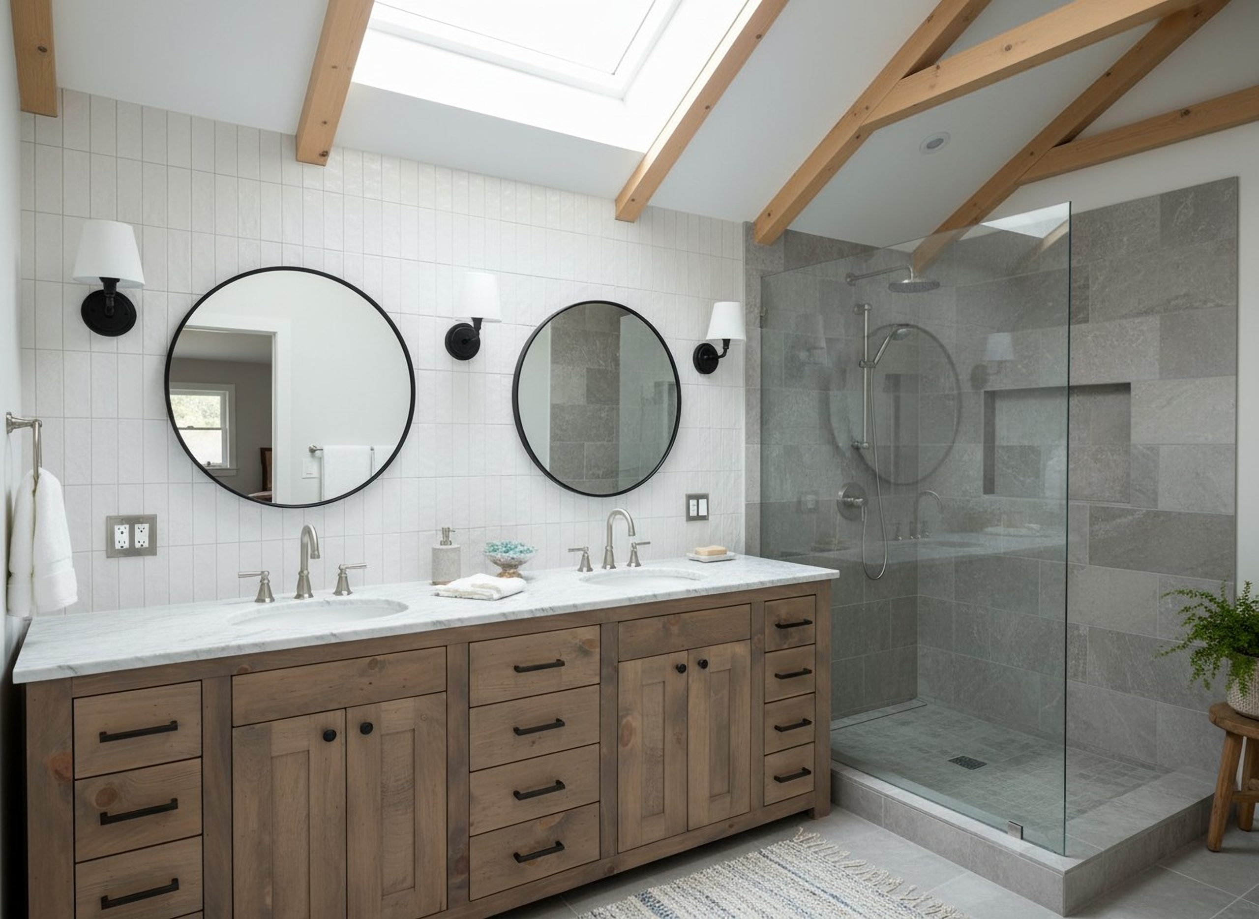 Double Vanity: Wood Toned Beams and Round Black Mirrors