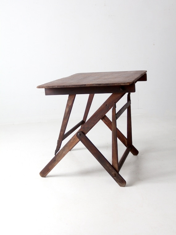 Drafting Table Scissor Legs Antique Distressed Wood Desk