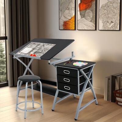 Drafting Table Set Integrated Drawers Matching Stool
