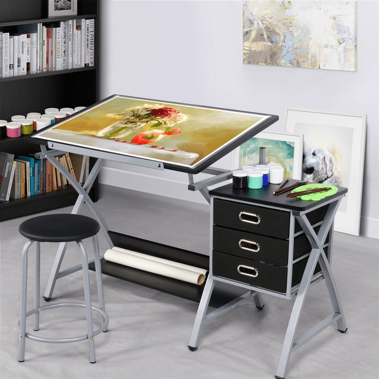 Drafting Table Steel Frame Stool Bottom Shelf Station