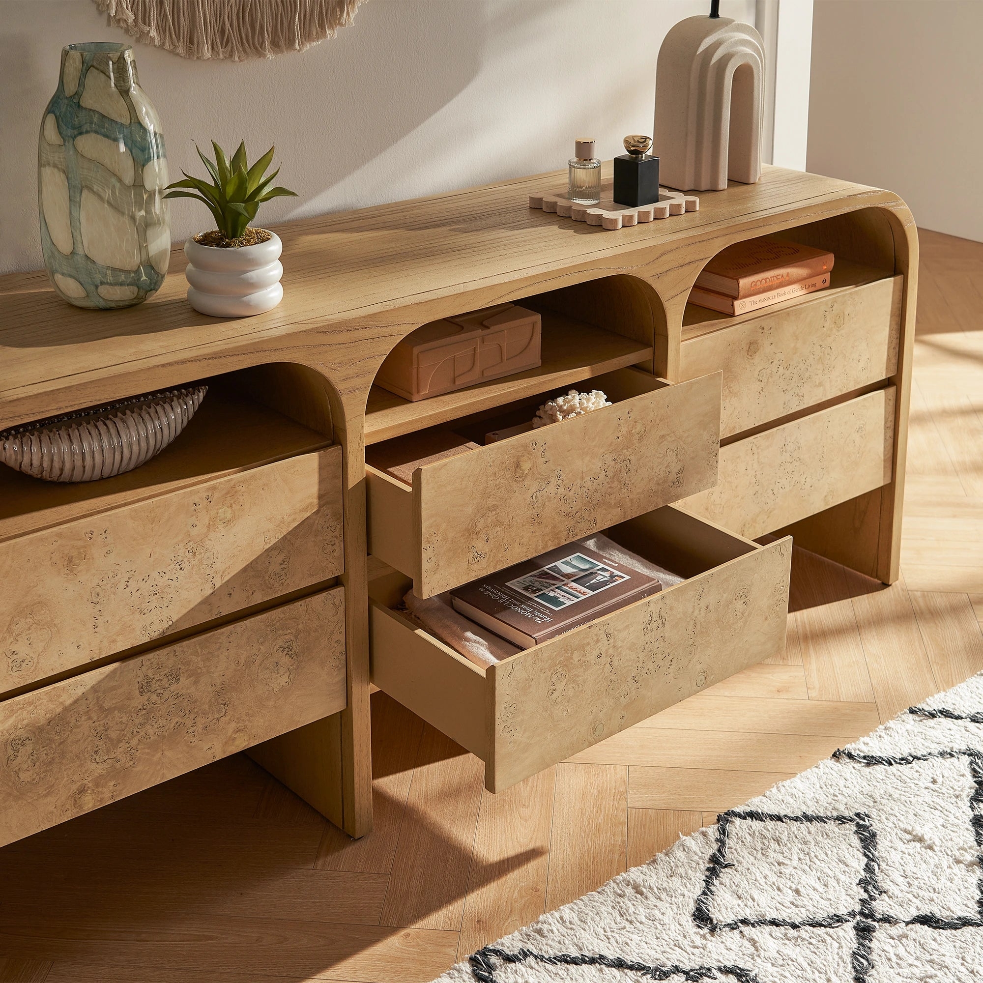 Dresser Arched Niches Burl Wood Japandi Arched Dresser