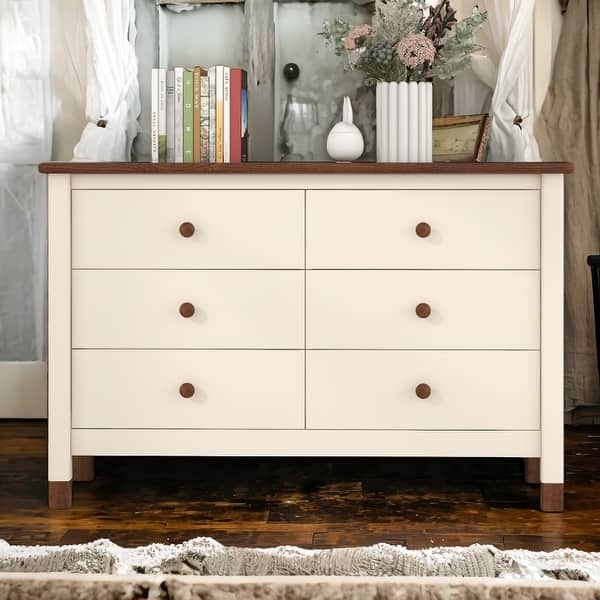 Dresser Walnut Top Two Tone 6-Drawer Farmhouse Storage
