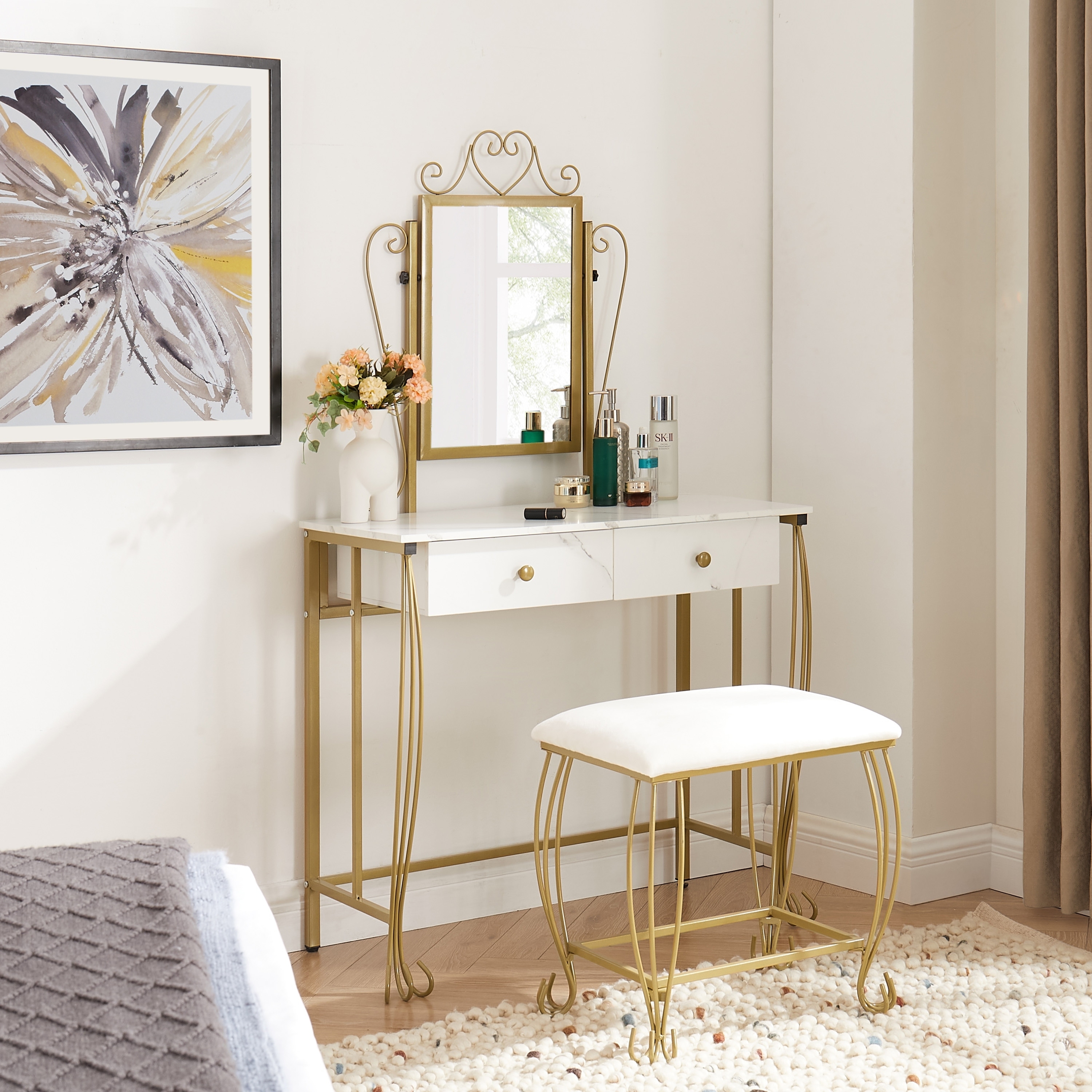 Dressing Table: Gold Vanity with Mirror Scrolled Metal
