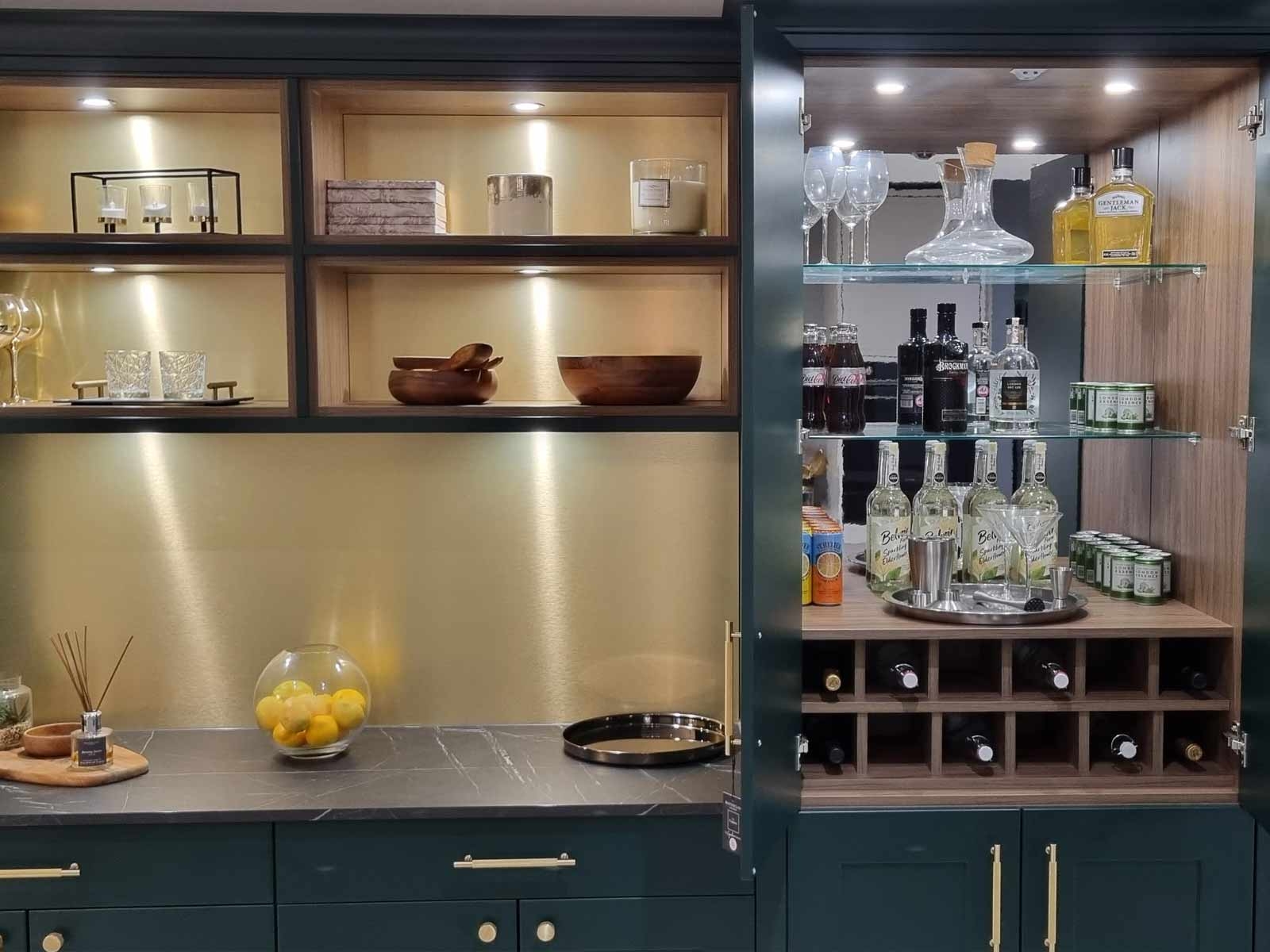 Drinks Cabinet in Teal with Gold Metallic Backsplash
