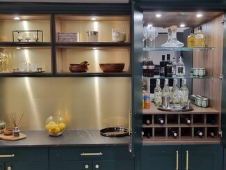 Drinks Cabinet in Teal with Gold Metallic Backsplash