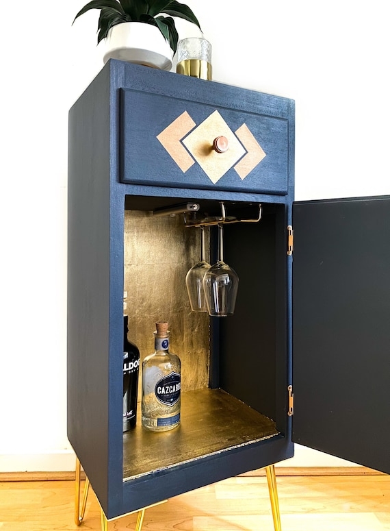 Drinks Cabinet with Gold Leaf Interior and Navy Finish