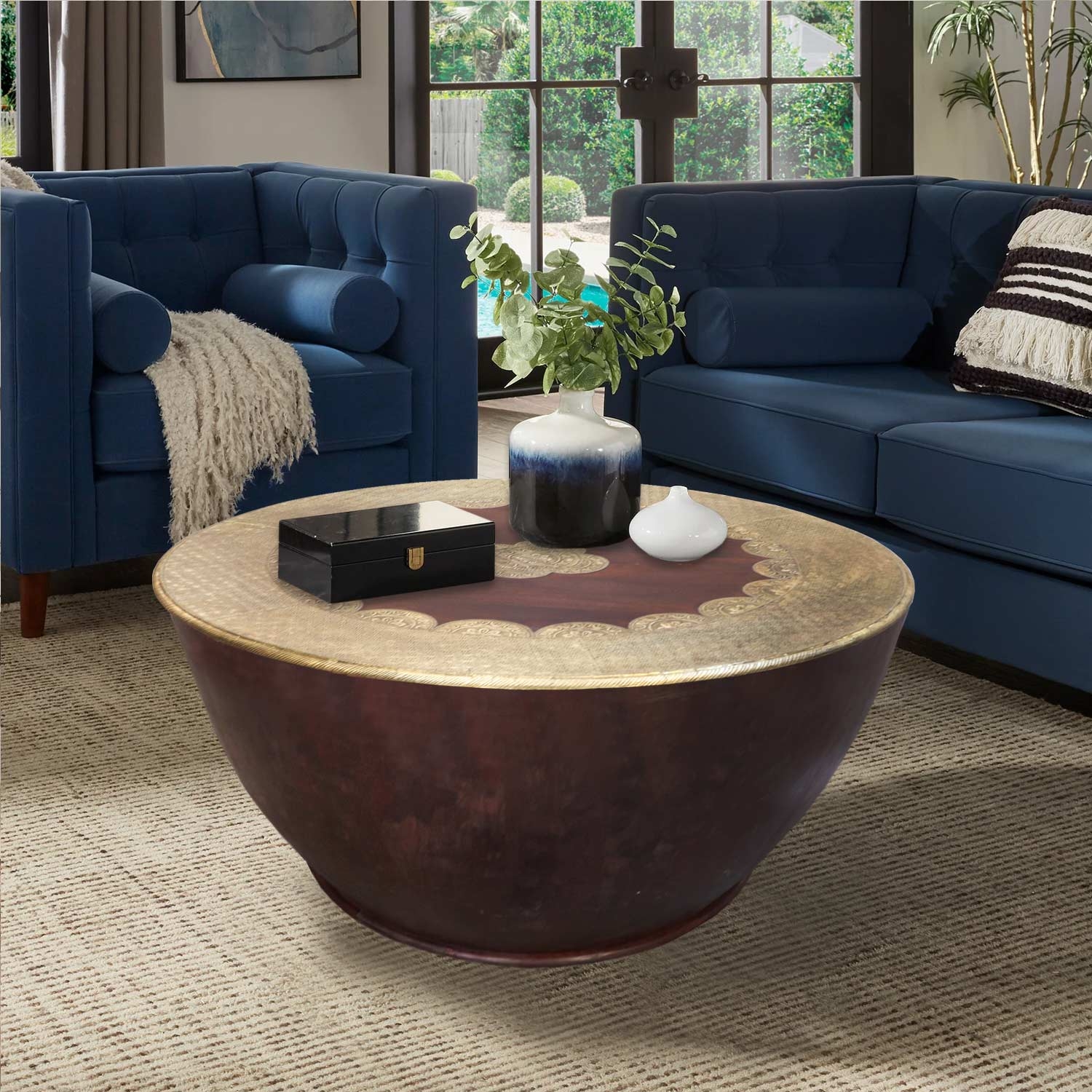 Drum Coffee Table Scalloped Brass Inlay Drum Table