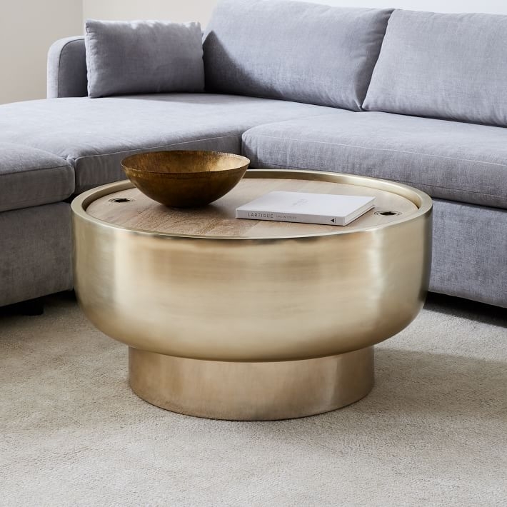 Drum Coffee Table with Recessed Wood Top Storage