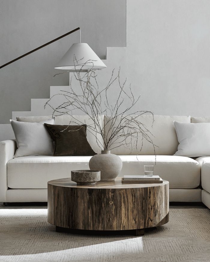 Drum Coffee Table with Vertical Wood Grain and Matte Finish