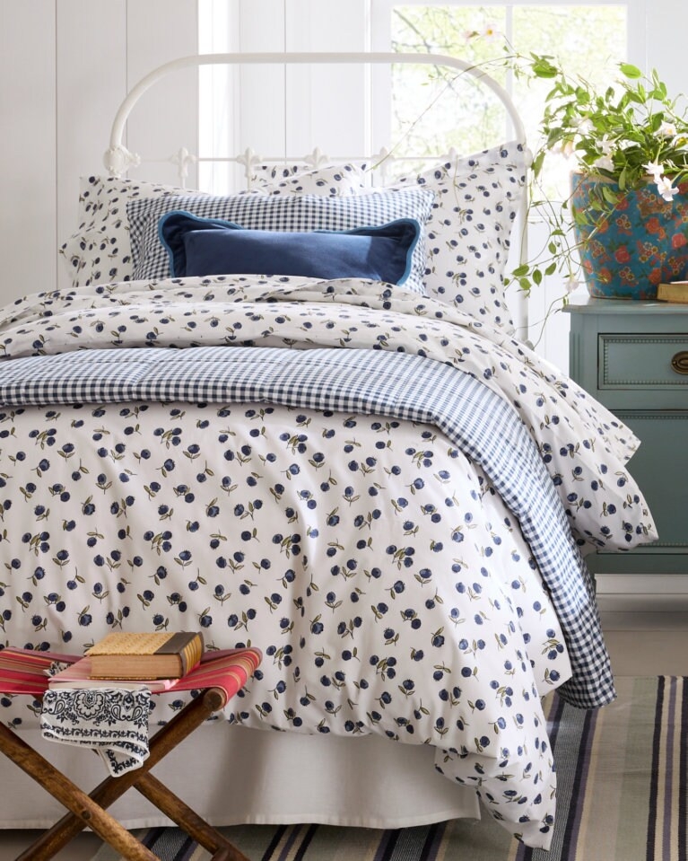 Duvet Cover Blueberry Botanical Print Gingham Check