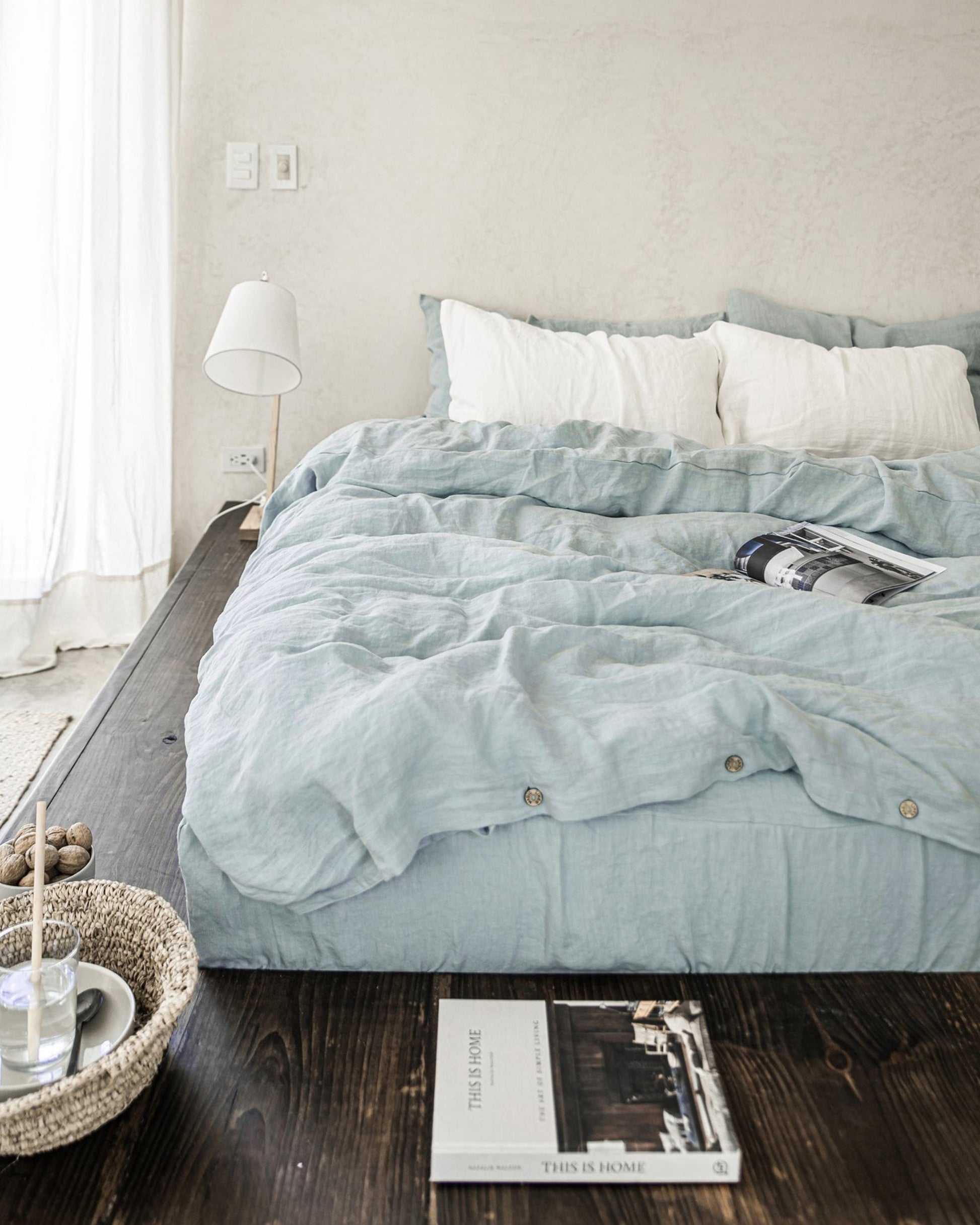 Duvet Cover Set Button Closure Linen Dusty Blue