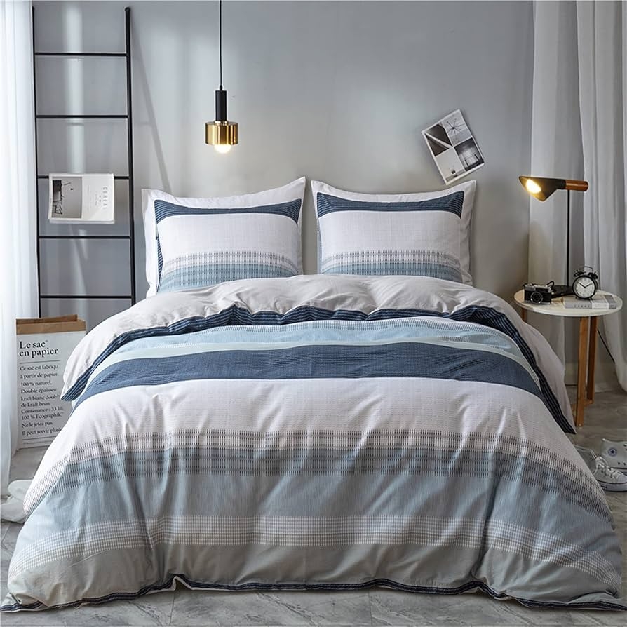 Duvet Cover Set Geometric Stripes Blue Gray Decor