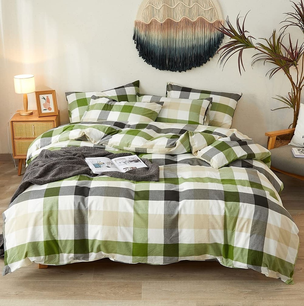 Duvet Cover Set: Rattan Accents Boho Bedroom Decor Sage Cotton