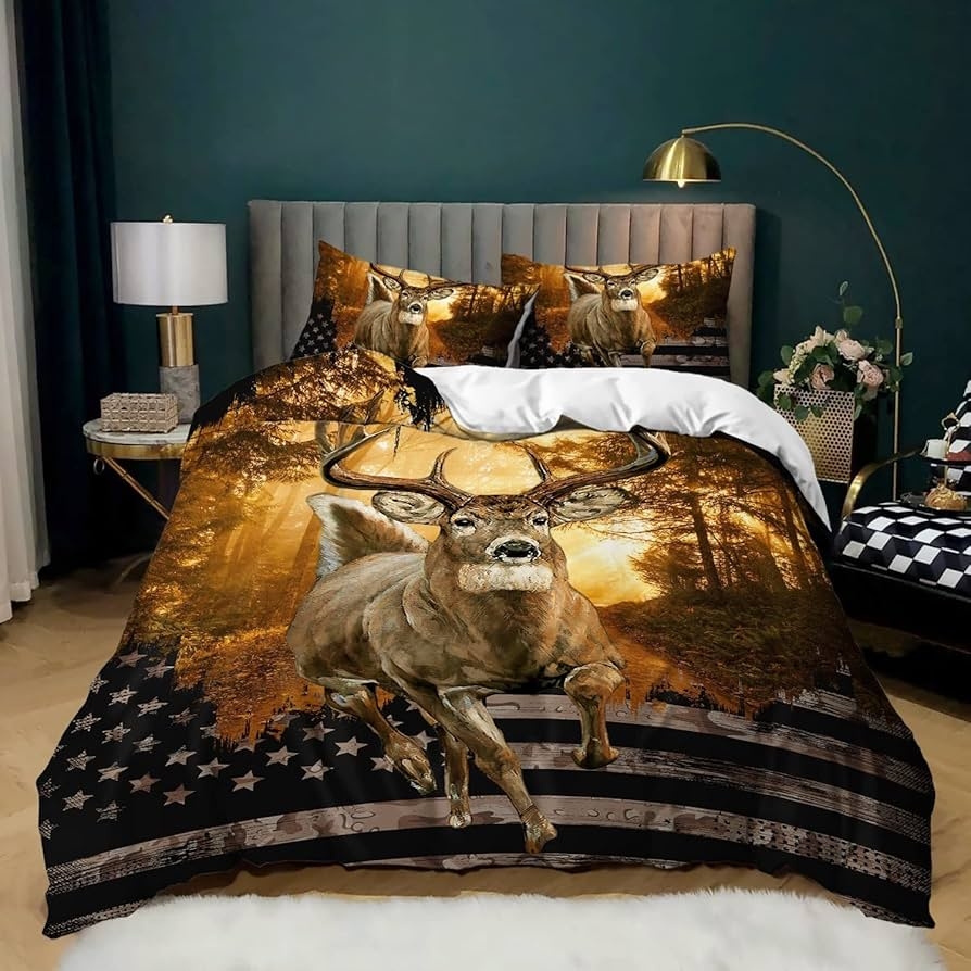 Duvet Cover Set: Woodland Inspired American Flag Bedding Print