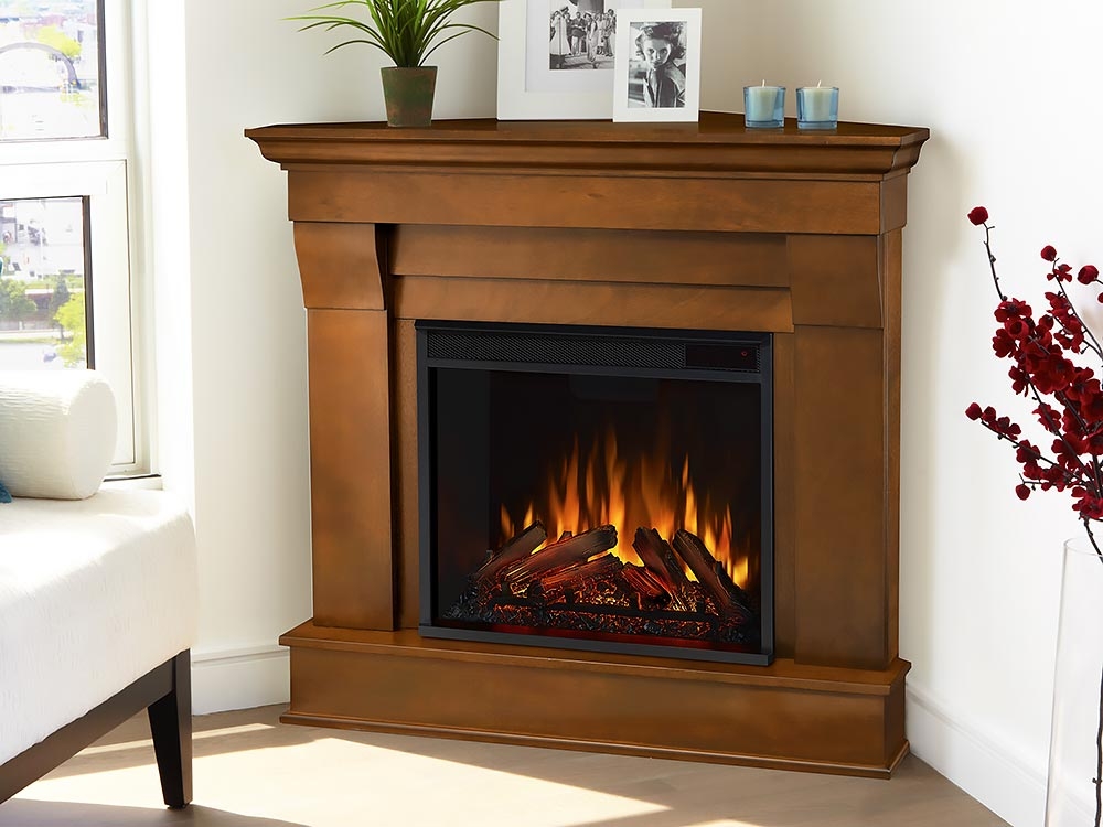 Electric Fireplace Corner Unit in Espresso with Tiered Mantel