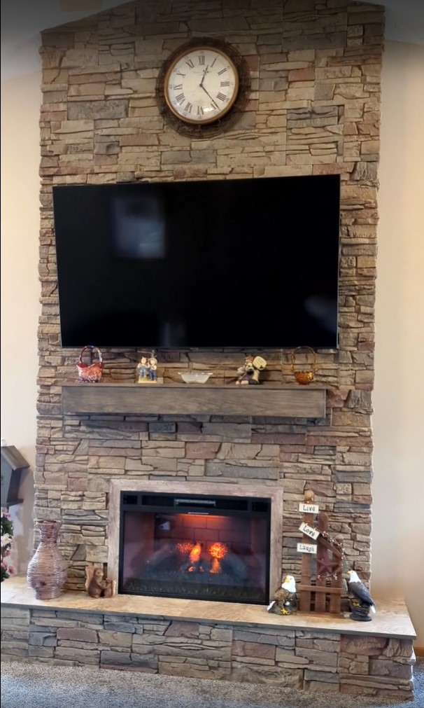 Electric Fireplace Floor To Ceiling Stone and Weathered Mantel