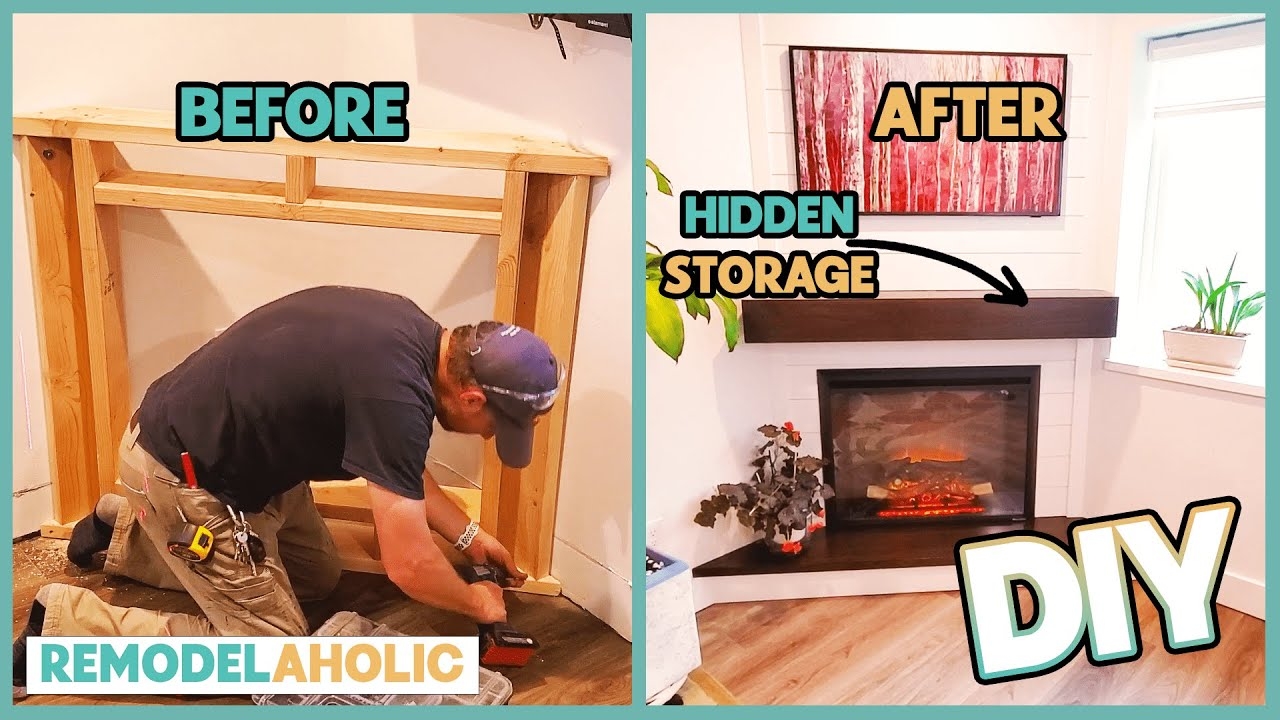 Electric Fireplace Hidden Storage Mantel on Shiplap Wall