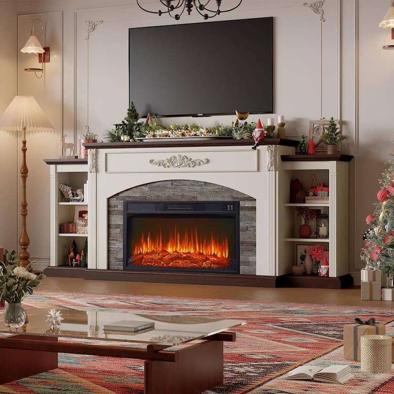 Electric Fireplace Mantel Featuring Ornate Carved Relief