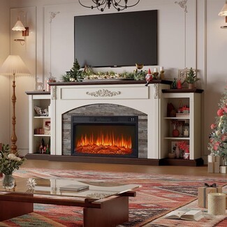 Electric Fireplace Mantel Featuring Ornate Carved Relief