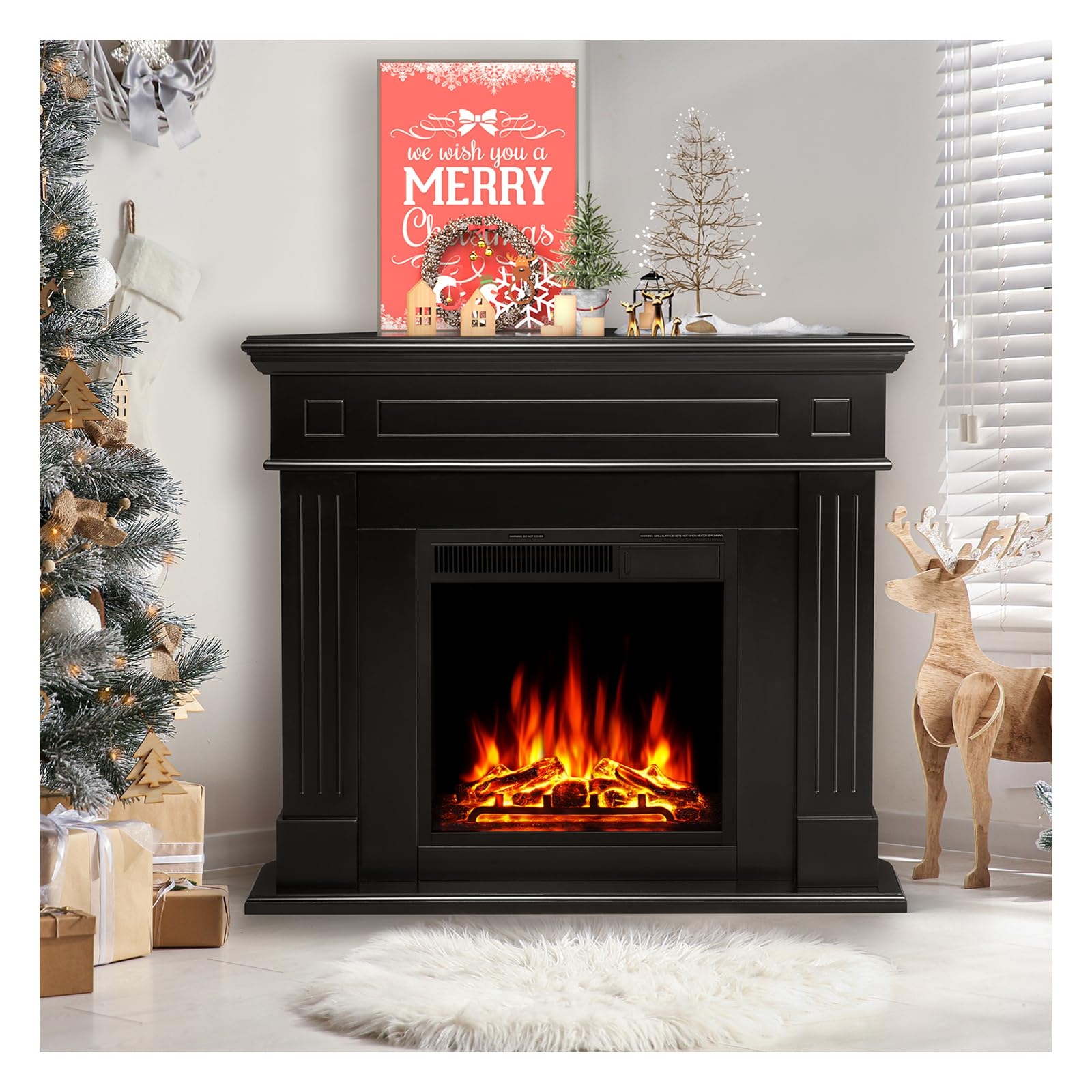 Electric Fireplace Matte Black Christmas Style Heater