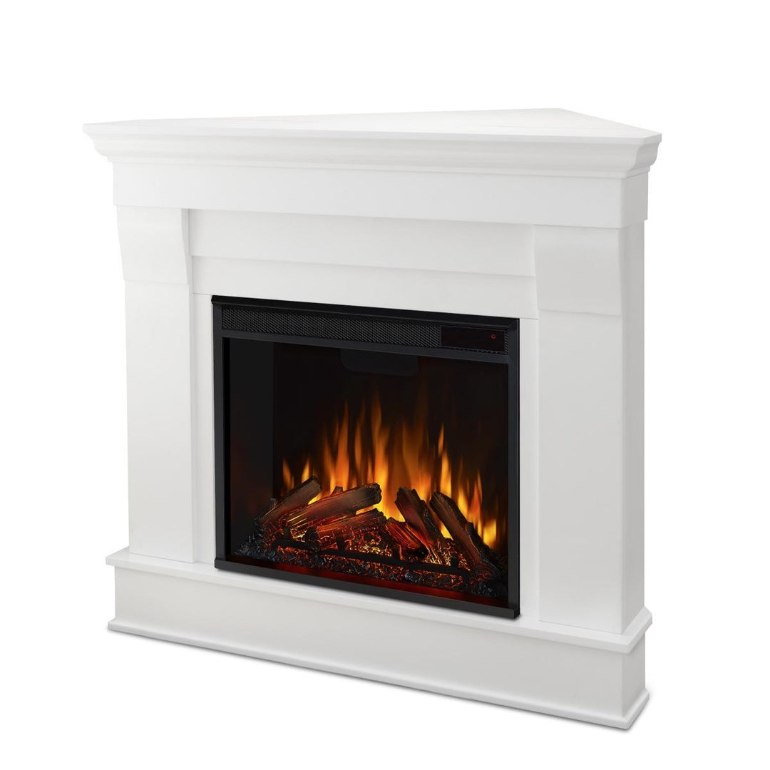 Electric Fireplace White Corner Mantel With Crown Molding